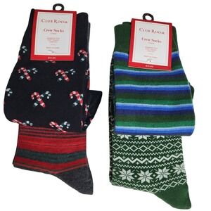 Club Room Men's Two 2‎ Packs Crew Socks Candy Cane & Stripe Fair Isle Holiday